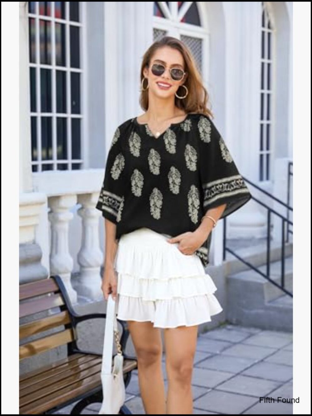 Boho V-Neck 3/4 Sleeve Blouse Tunic Loose Fit Peasant Top - Picture 4 of 7